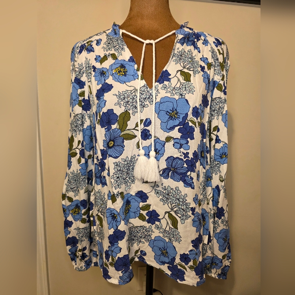 Lucky Brand Blue Floral Boho Peasant Top Tassel Tie Size M